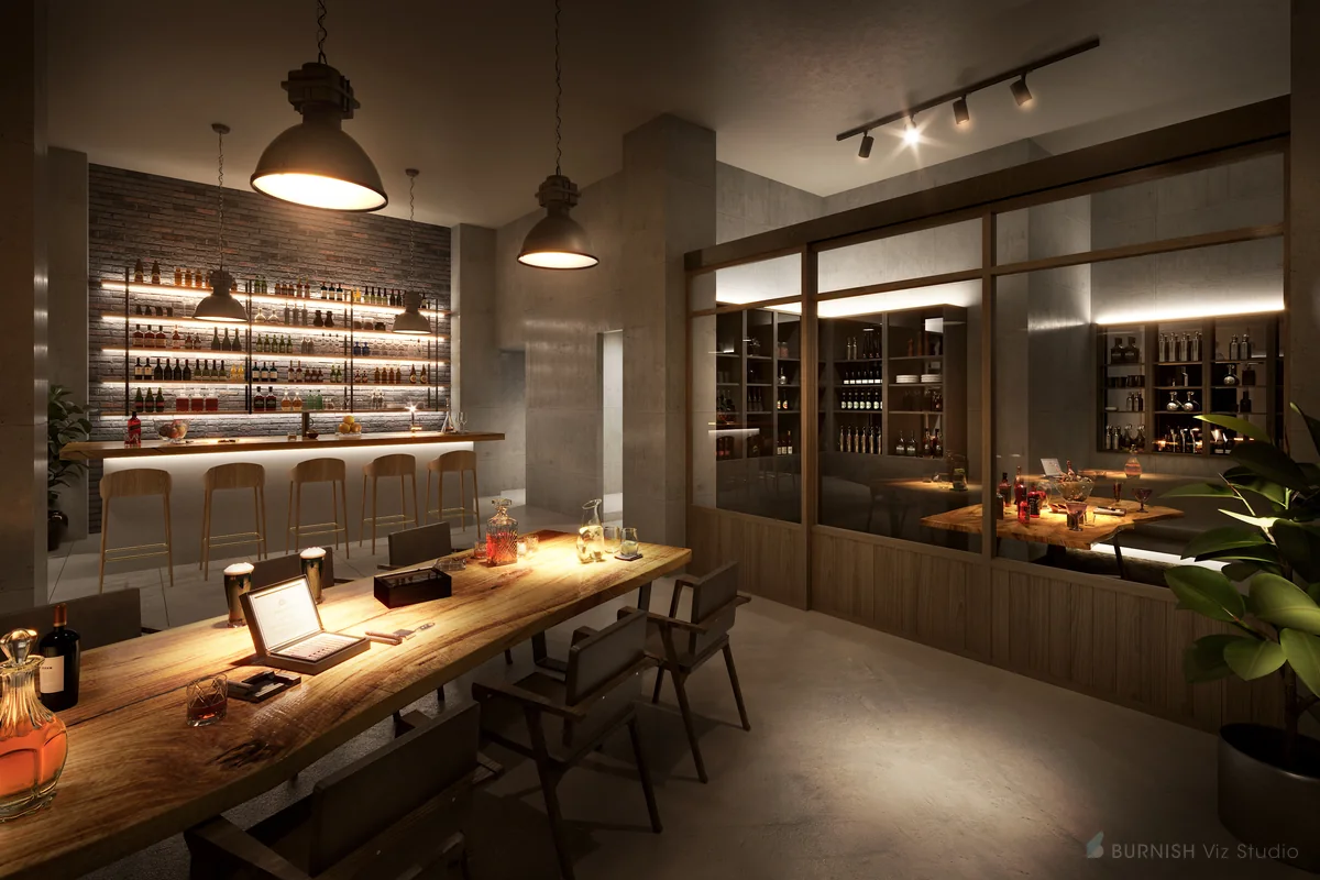 木質のカウンターとテーブル席を備えた飲食店内観の建築ビジュアライゼーション