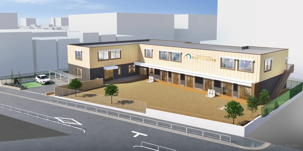 道路沿いに建つ低層施設外観を俯瞰した建築ビジュアライゼーション